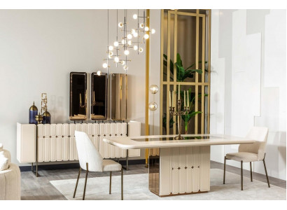 White Noble Dining Room Set Designer Stainless Steel Table Luxurious x6 Chairs