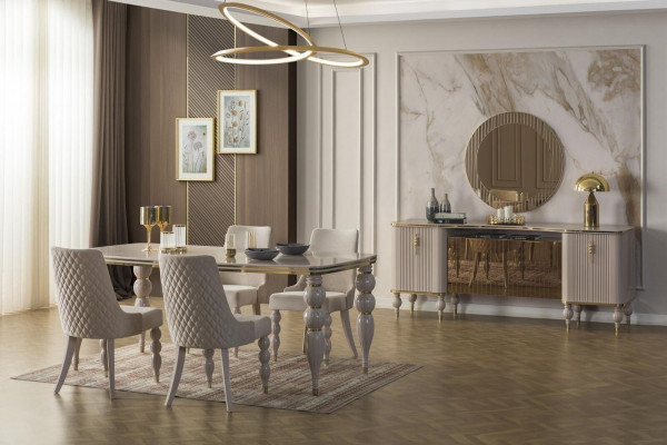 Beige dining set designer dining room furniture dining table chairs sideboard 9-piece set