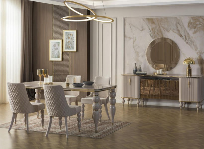 Beige dining set designer dining room furniture dining table chairs sideboard 9-piece set
