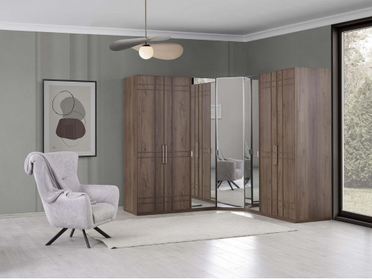 Corner wardrobe closet cabinet brown wood mirror 7 doors large