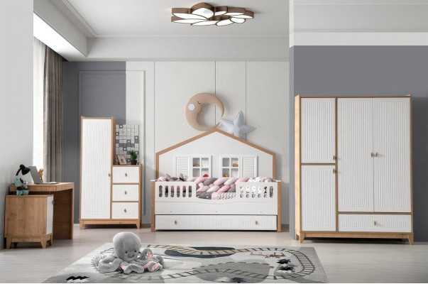Stylish children's room set: bed, wardrobe, and table, bright 4-piece set
