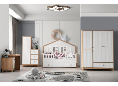 Stylish children's room set: bed, wardrobe, and table, bright 4-piece set