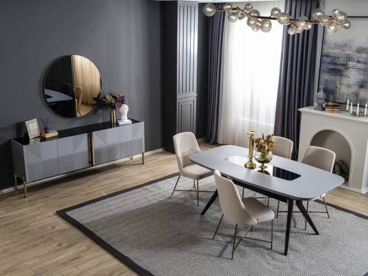 Modern gray dining room set wooden furniture luxury dining table sideboard