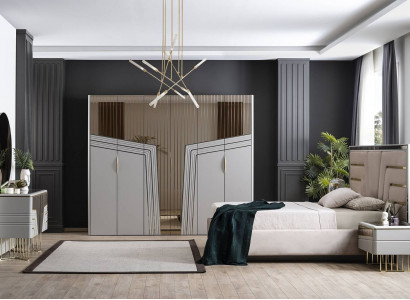 Modern bedroom set luxury bed 2x nightstands wardrobe 6-piece.
