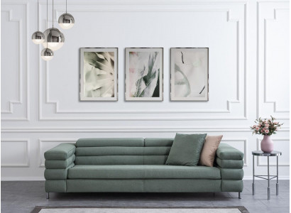 Green living room sofa with wooden frame, designer 4-seater, textile couch, modern
