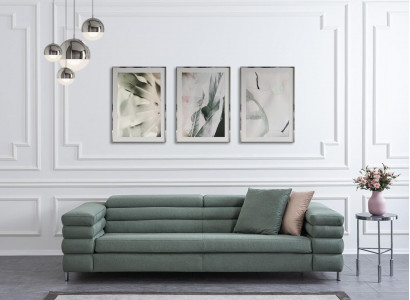 Green living room sofa with wooden frame, designer 4-seater, textile couch, modern