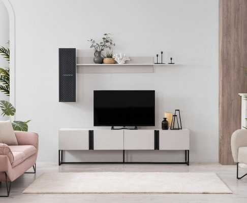 TV stand set cabinet RTV lowboard living room shelves white wood