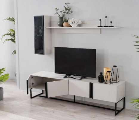 TV stand set cabinet RTV lowboard living room shelves white wood