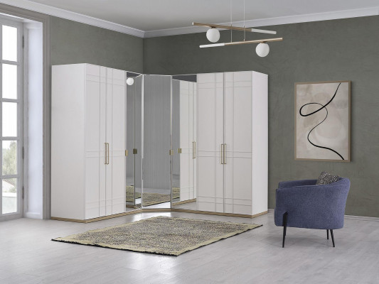 Corner wardrobe closet cabinets white wood mirror 7 doors large