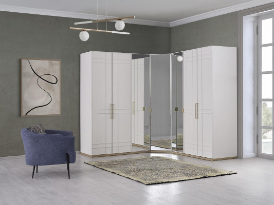 Corner wardrobe closet cabinets white wood mirror 7 doors large