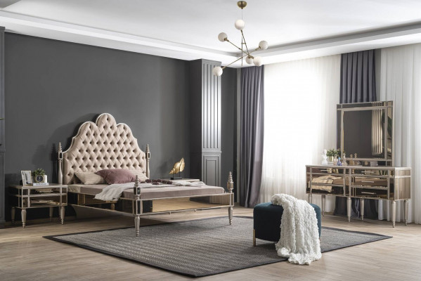 Modern bedroom set luxury Chesterfield bed 2x nightstands