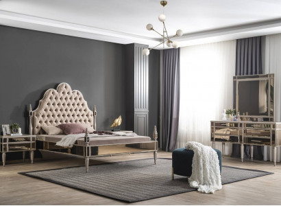 Modern bedroom set luxury Chesterfield bed 2x nightstands