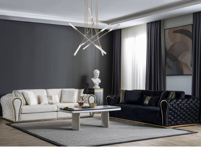 Black and white sofa set 3+3 designer seats luxury upholstery 2x sofas