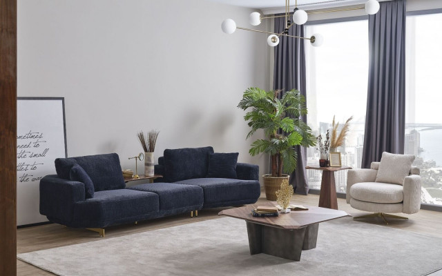 Blue three-seater white armchair designer living room sofa set 2-piece