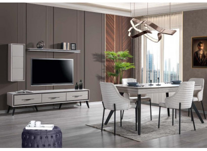 Modern white dining room set: lowboard, 6 chairs, dining table, shelf, 10 pieces.
