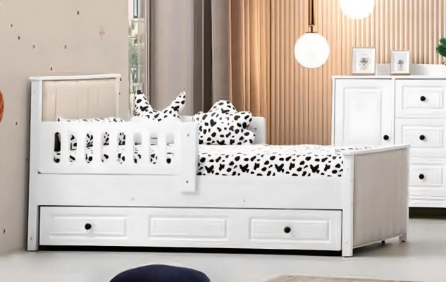 Children's Wooden Bed, Functional Pull-Out Bed 200 Wood White