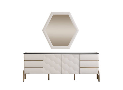 Modern dining room set, designer white sideboard, large mirror 2-piece set