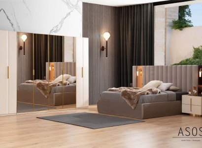 Beige bedroom set designer bed wardrobe 2x nightstands