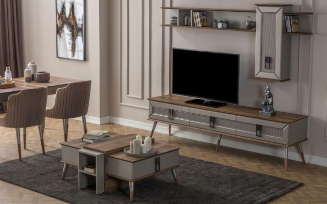 Designer living room set TV stand wood shelves coffee table RTV new