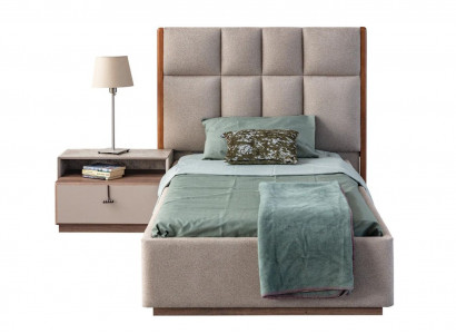 Beige children's room set, designer single bed, wooden nightstand 2-piece set