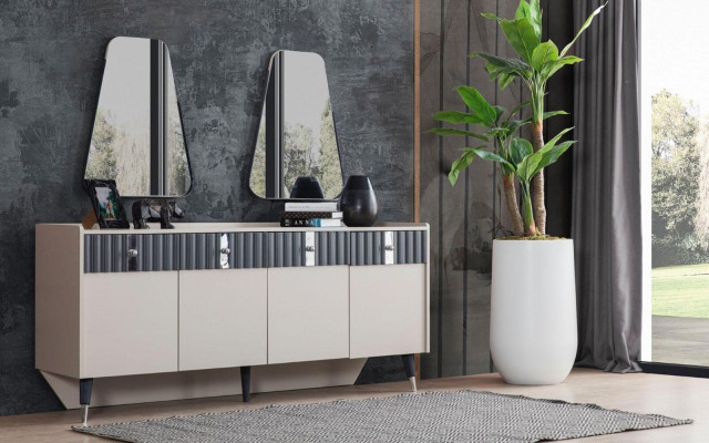 Complete Designer Beige Set Dresser Sideboard 2x Mirror 3-piece Set