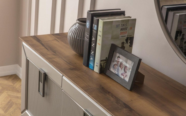 Modern brown living room furniture, robust sideboard, designer shelf 2-piece set