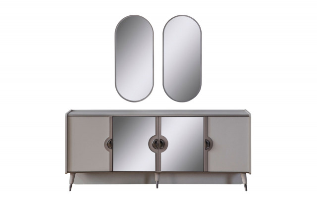 Gray furniture set, designer 4-door sideboard, exclusive 3-piece mirror