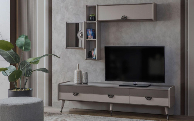 Beige living room sideboard sturdy TV stand lowboard luxury shelves
