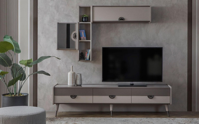 Beige living room sideboard sturdy TV stand lowboard luxury shelves