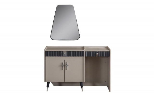 Beige wooden vanity table, designer cosmetic console with mirror, 2-piece set