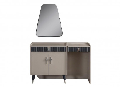 Beige wooden vanity table, designer cosmetic console with mirror, 2-piece set