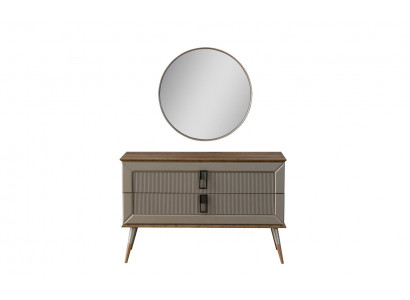 Brown Designer Dresser Elegant Round Mirror Luxury Vanity Set 2-piece