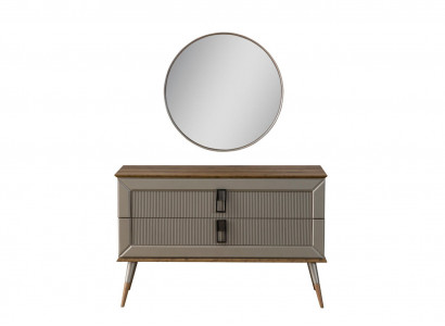 Brown Designer Dresser Elegant Round Mirror Luxury Vanity Set 2-piece
