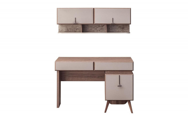 Beige Desk Luxurious Office Table Wall Cabinet Computer Table Set