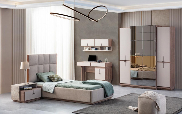 Beige Desk Luxurious Office Table Wall Cabinet Computer Table Set