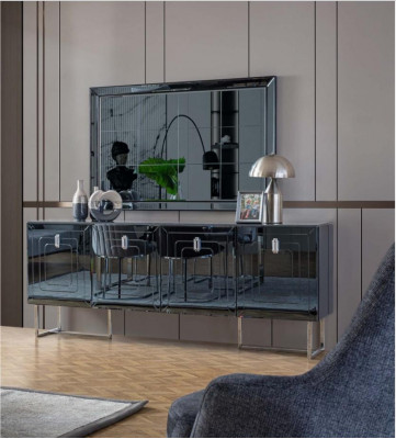 Gray dining room furniture, glass mirror, designer stainless steel sideboard, luxury set