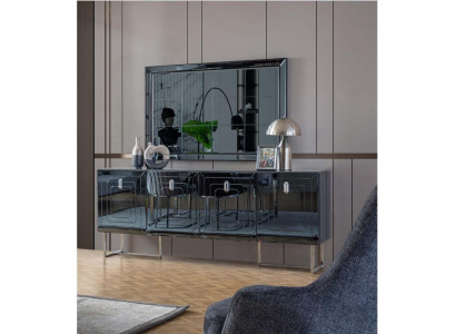 Gray dining room furniture, glass mirror, designer stainless steel sideboard, luxury set