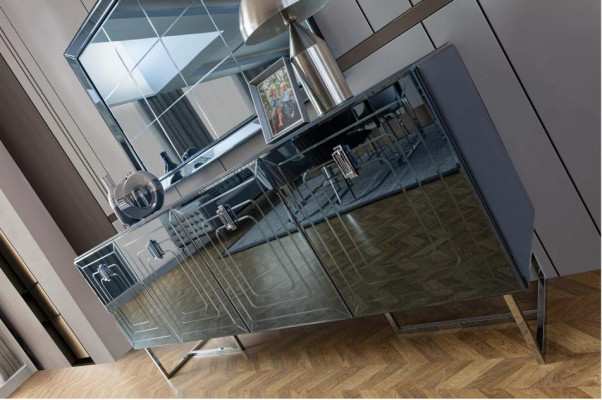 Gray dining room furniture, glass mirror, designer stainless steel sideboard, luxury set