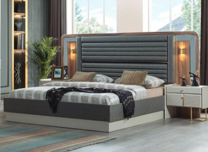 Gray beds designer bedroom double bed 2 wooden nightstands 3-piece set