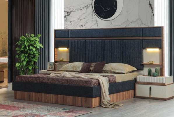 Modern bedroom set double bed wood nightstands upholstered bed