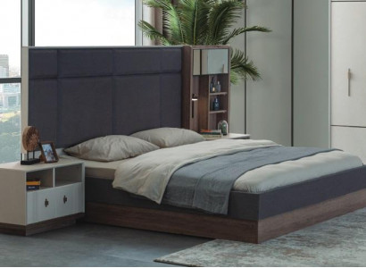 Gray bedroom bed designer set double bed 2x bedside tables