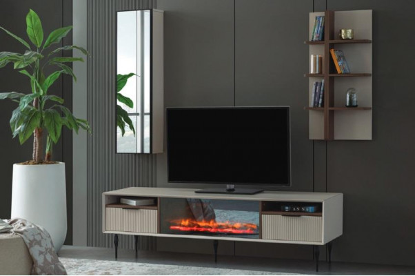 Beige living room unit designer TV cabinet wall shelf luxury wood shelf 3-piece set