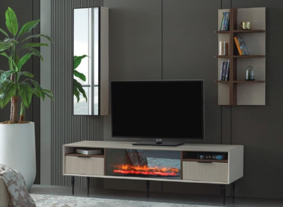 Beige living room unit designer TV cabinet wall shelf luxury wood shelf 3-piece set