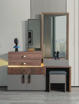 Brown-Grey Bedroom Furniture Luxury Dresser With Mirror Upholstered Stool
