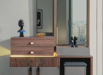 Brown-Grey Bedroom Furniture Luxury Dresser With Mirror Upholstered Stool