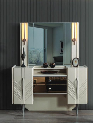Bedroom Set Luxury White Vanity Table Mirror Designer 2-Piece Set