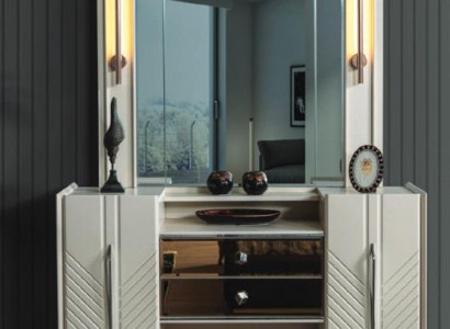 Bedroom Set Luxury White Vanity Table Mirror Designer 2-Piece Set