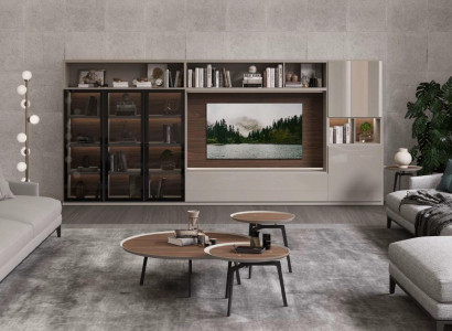 Large living room wall unit with glass doors, modern living room furniture, cabinet furniture.