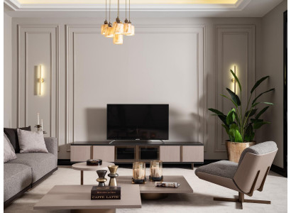 Living room suite armchair RTV lowboard coffee tables wood beige 6-piece set
