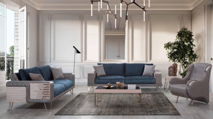 Sofa set 3+3+1 seater + coffee table modern textile complete blue new